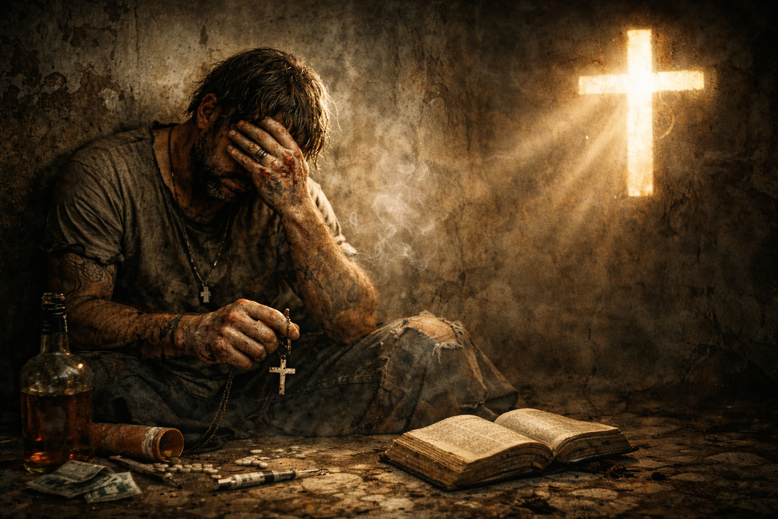 A broken believer holding a cross sits in darkness as light shaped like a cross illuminates an open Bible, symbolizing sin and grace.